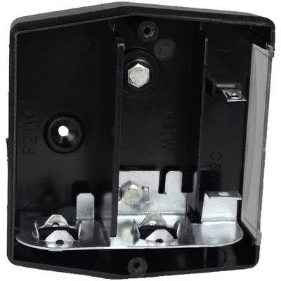 Schwarz-weiße Gehäuseinnenseite mit Metallklammern und Schraubverbindungen, geeignet für elektrische Komponentenmontage.