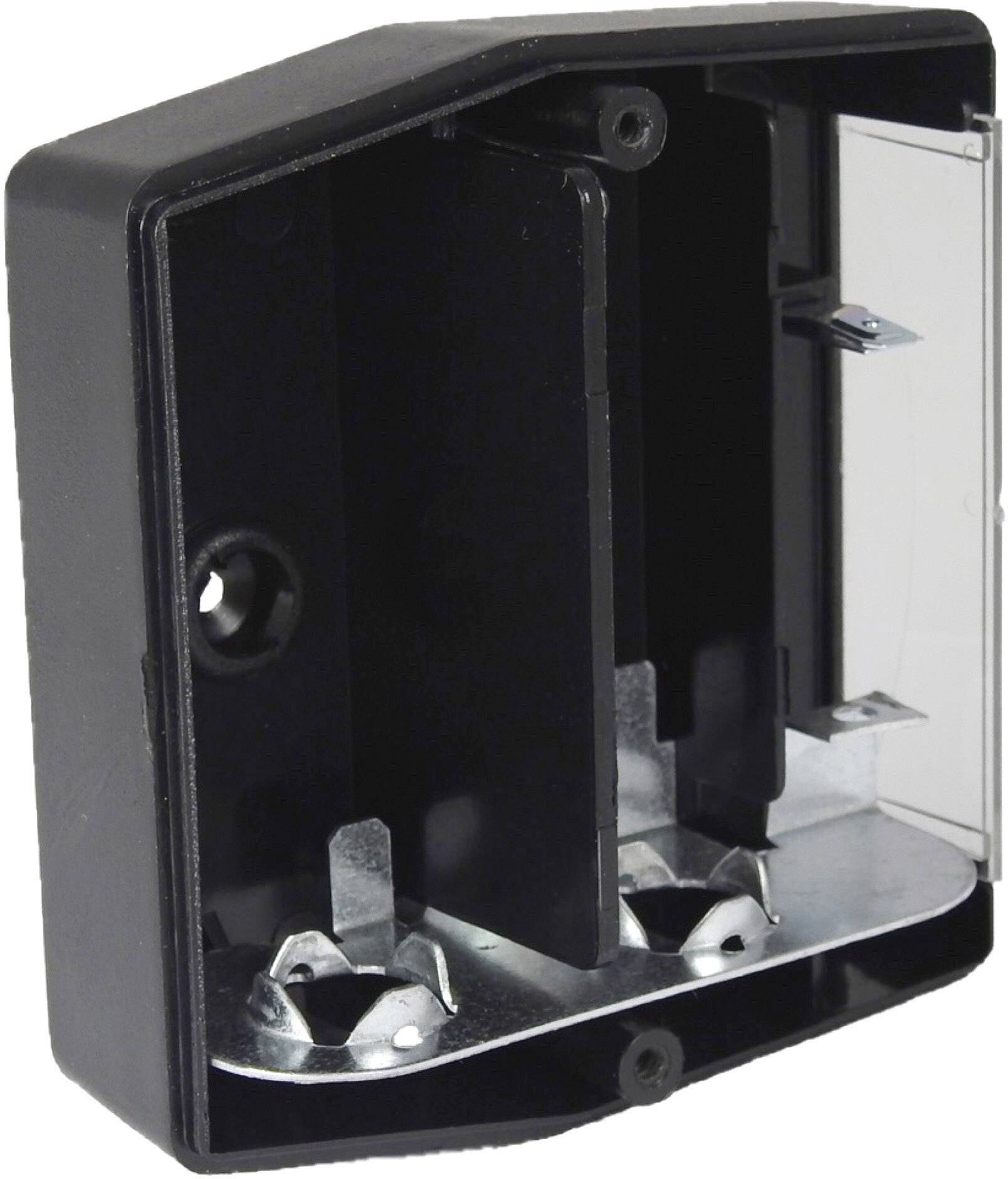 Schwarzes, rechteckiges Gehäuse mit integriertem Metallclip, offen mit zwei Halterungen innen; ermöglicht Gerätemontage.
