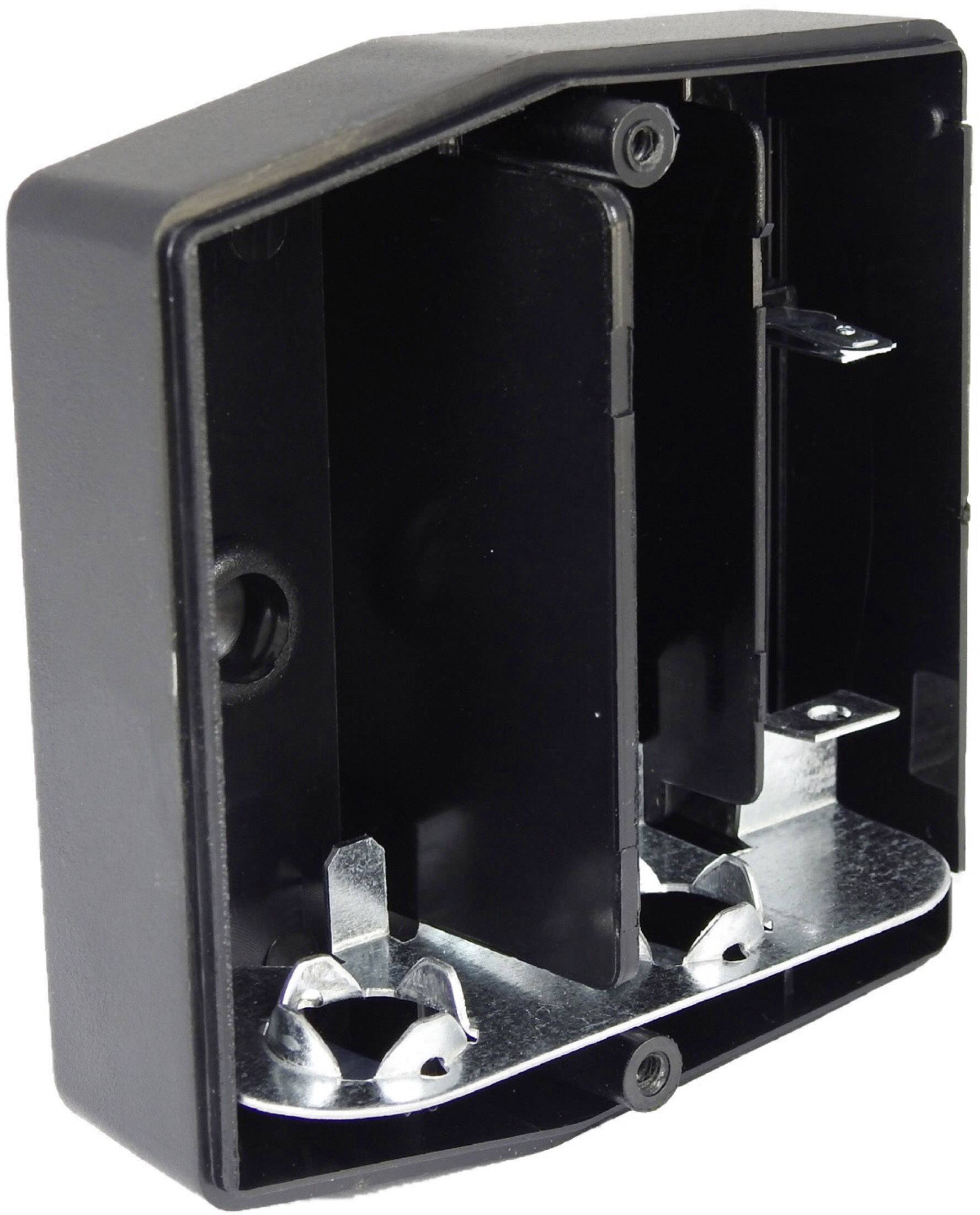 Schwarzes Kunststoffgehäuse mit Metallinnenstruktur, geeignet zur Wandmontage von elektronischen Bauteilen oder Geräten.