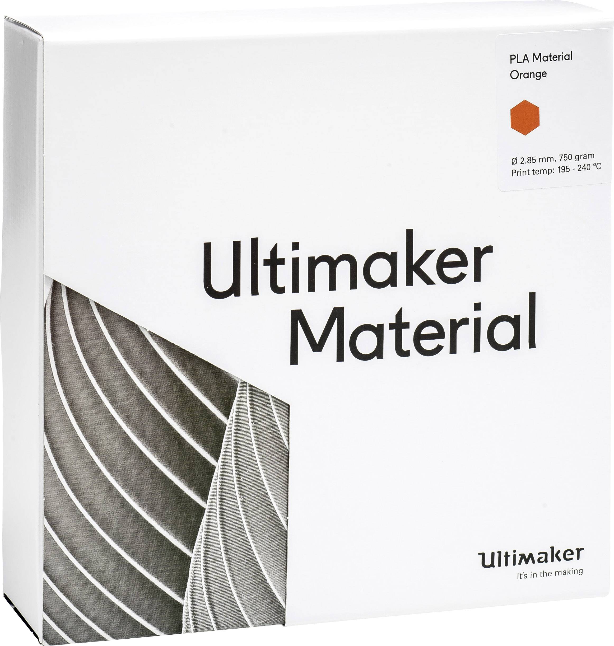 Verpackung von Ultimaker-Material, PLA, Farbe Orange. Details: 2,85 mm, 750 g, Drucktemperatur 195-240 °C.