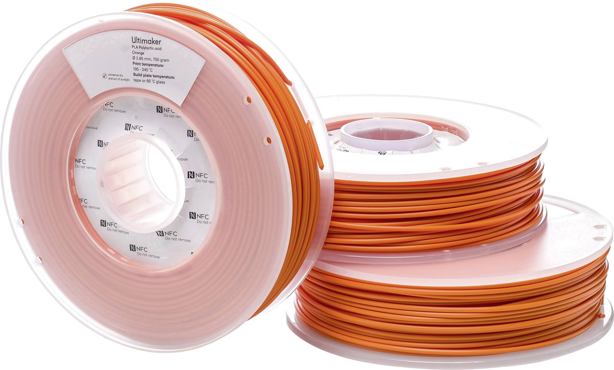 Drei Spulen mit orangefarbenem 3D-Drucker-Filament, übereinander gestapelt.