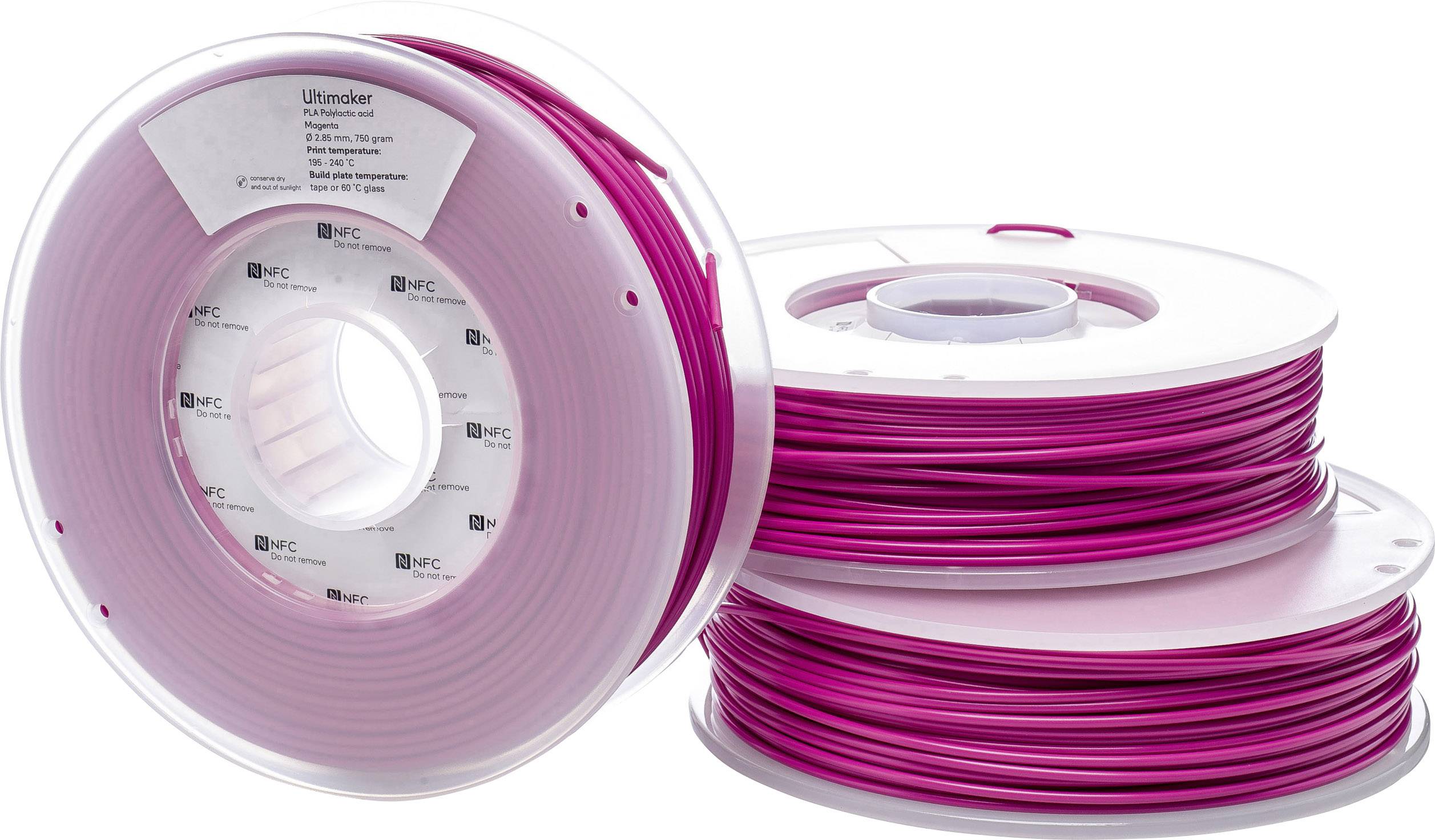 Zwei Spulen mit pinkem 3D-Druckerfilament, eine stehend und eine liegend. Etiketten mit Herstellerinformationen sind sichtbar.