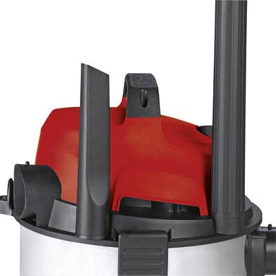 Industriestaubsauger mit rotem Gehäuse und schwarzen Plastikteilen, einschließlich Griff und Düsenaufsätzen.