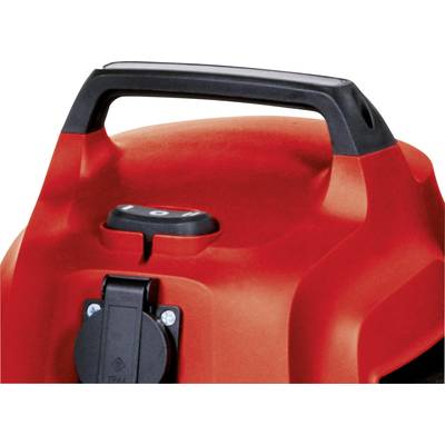 Roter Staubsauger mit schwarzem Griff und Steckdose auf der Oberseite.