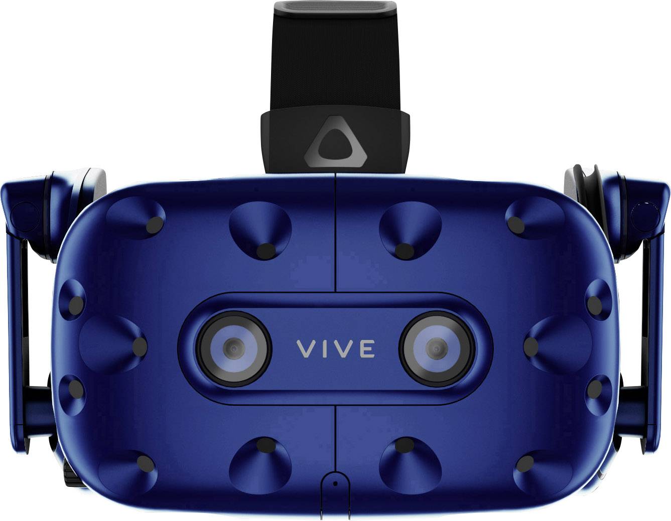 Virtuelle Reality-Brille in Blau, frontal gezeigt, mit zwei Kameras und 'Vive' Schriftzug.