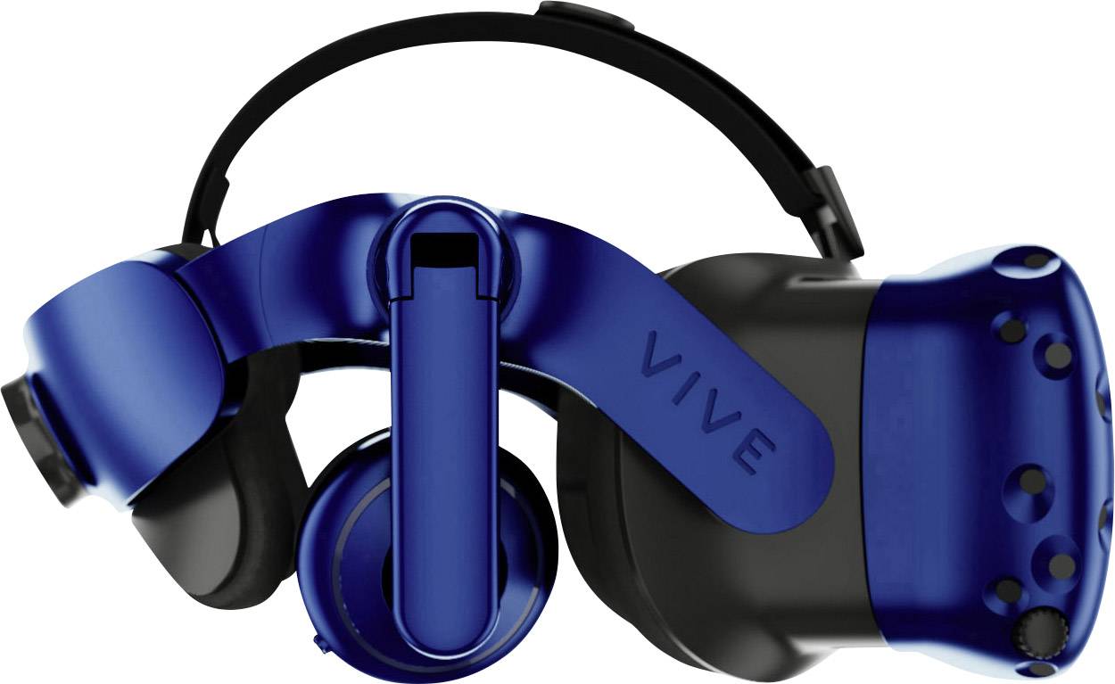Virtuelle Reality-Brille mit blauer Außenbeschichtung und dem Schriftzug 'VIVE' an der Seite, zeigt seitliche Ansicht.