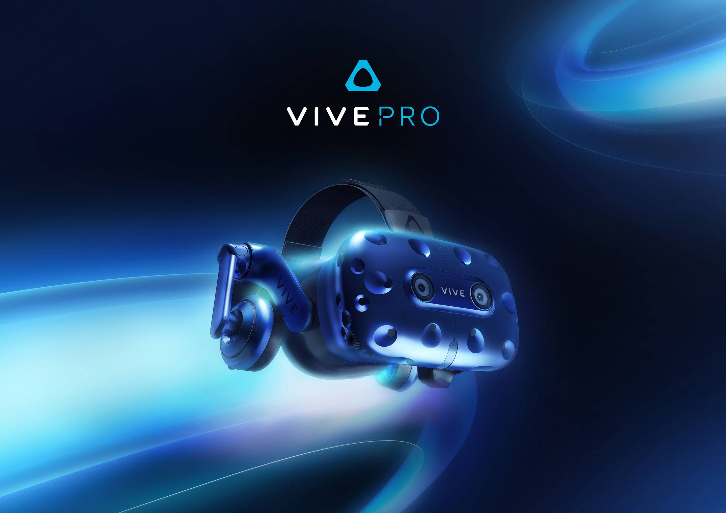 VR-Headset schwebt im Raum mit blauem Hintergrund. Oben steht 'Vive Pro'. Hauptmotiv ist das futuristische Design des Headsets.