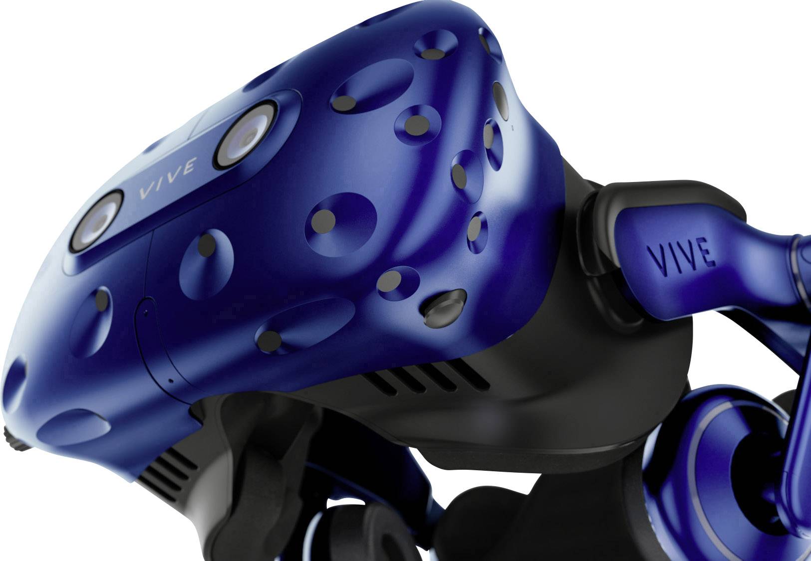 Nahaufnahme eines blauen Virtual-Reality-Headsets mit mehreren Kamerasensoren.