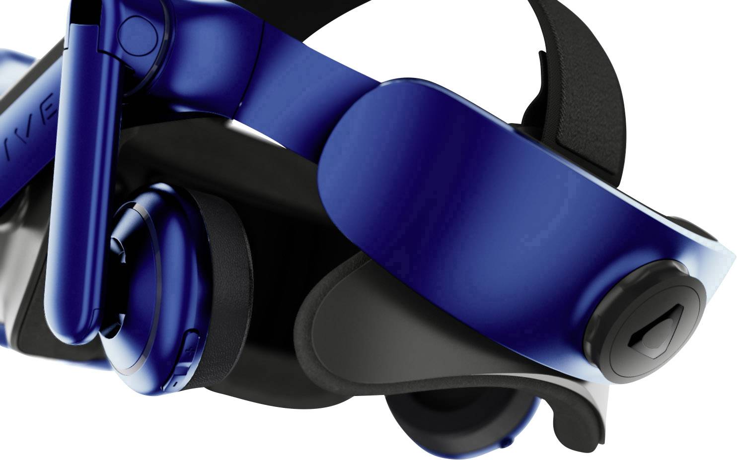Ein blaues Virtual-Reality-Headset, das detaillierte Einstellungsmechanismen zeigt. Technologisches Design im Fokus.