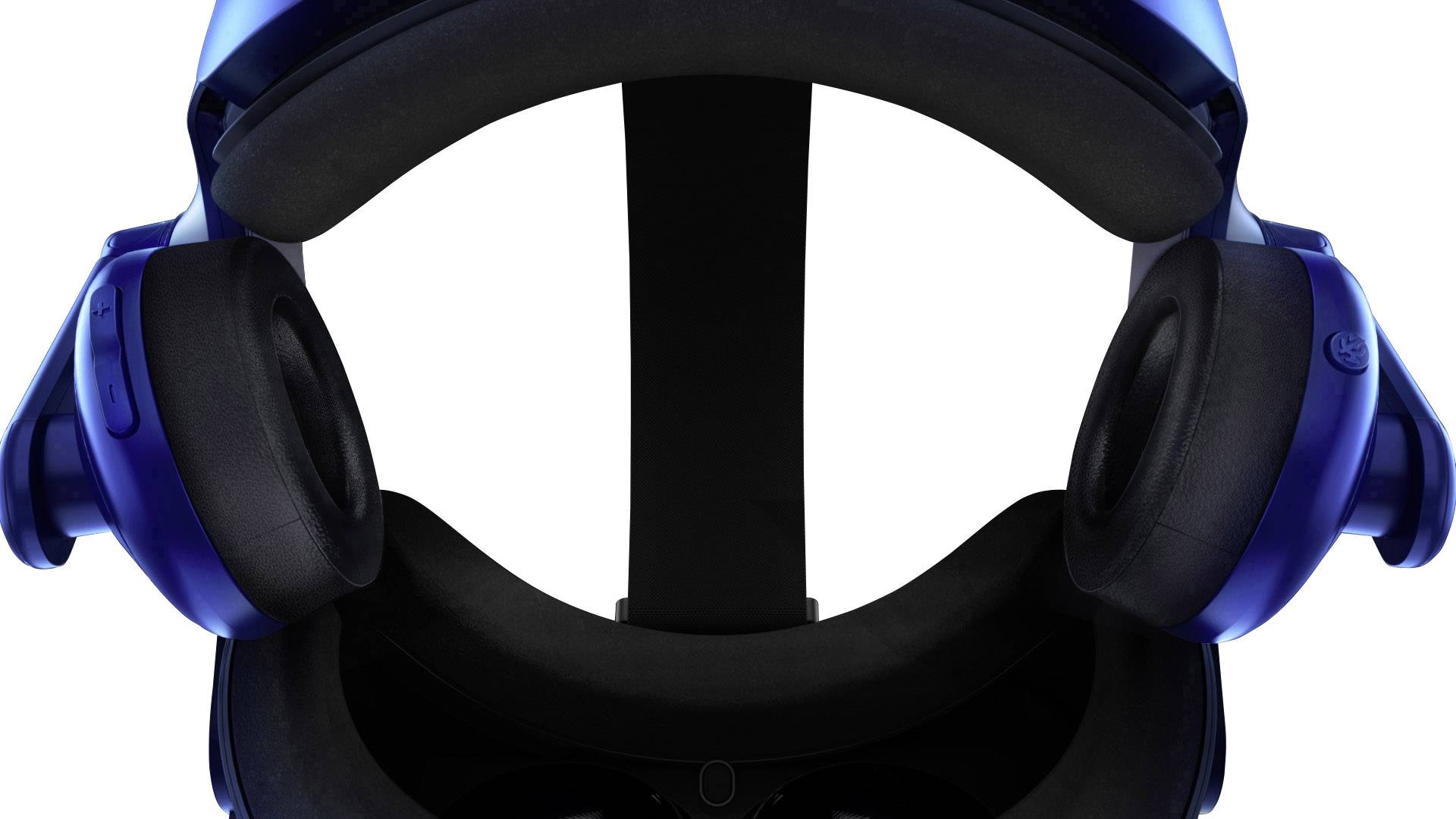 Blauer Virtual-Reality-Headset von oben, zeigt Ohrmuscheln und Kopfband, bereit zum Tragen.