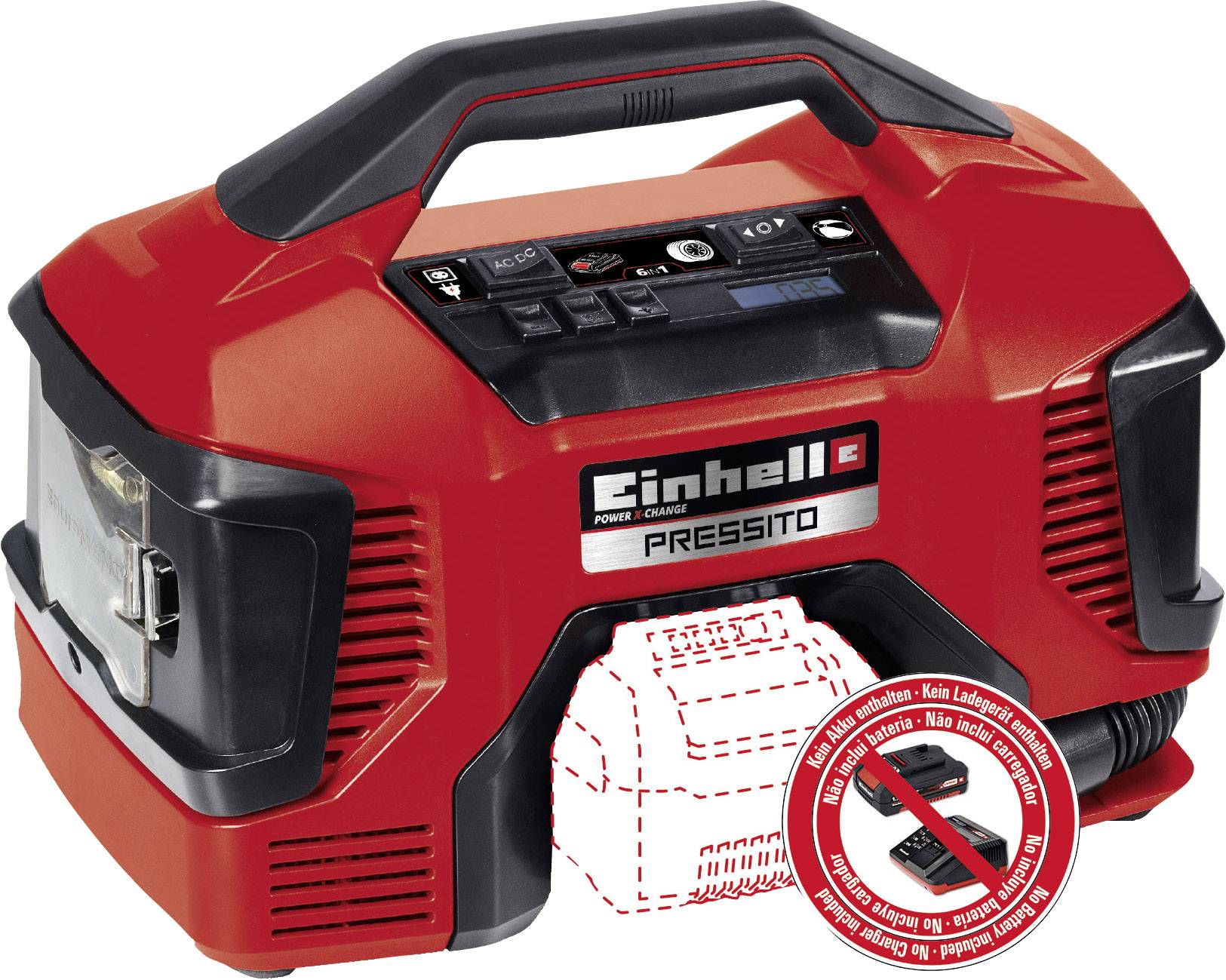 Ein roter Einhell Pressito Kompressor mit digitaler Anzeige. Geeignet für Aufpumpen von Reifen und Sportgeräten.