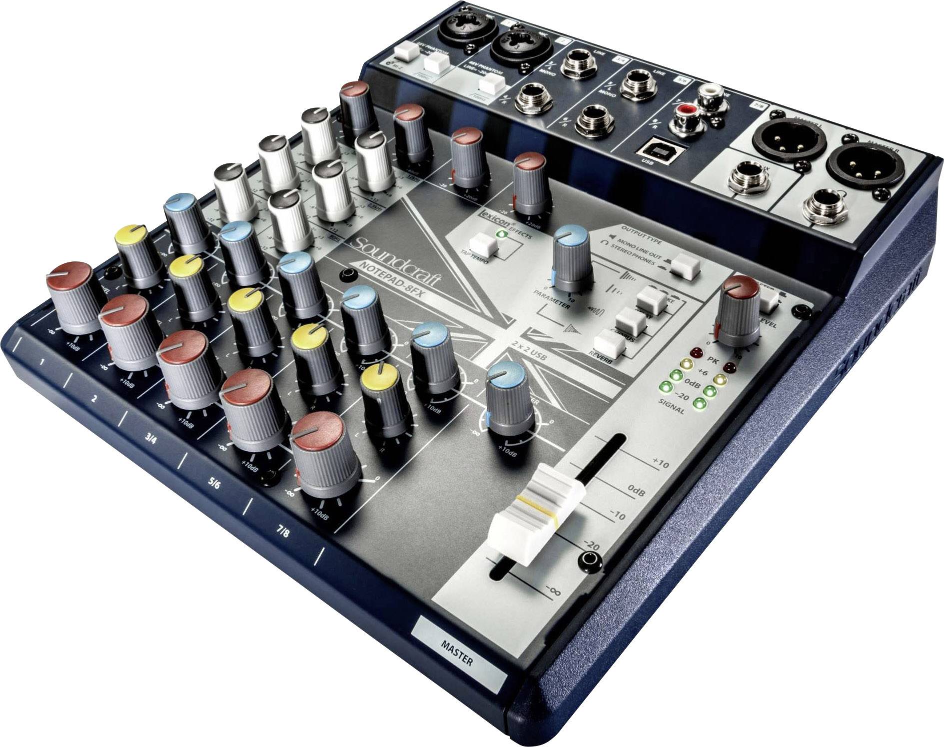Ein kompakter Audio-Mischpult mit mehreren Drehreglern und Fadern, XLR- und Klinkenanschlüssen. Geeignet für Tonmischung.