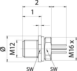 Technische Zeichnung eines M12 Steckverbinders mit Maßangaben für Länge (2) und Breite (1), sowie Gewindedetails (M6x).