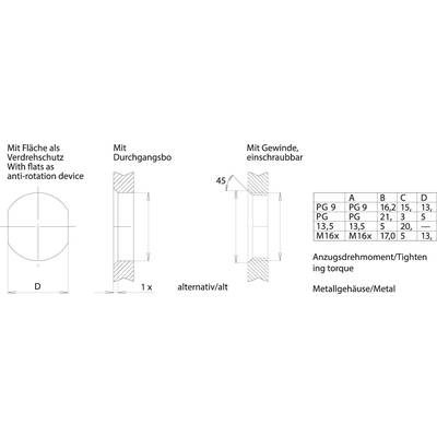 Technische Zeichnung: Details einer Ventilstruktur mit Maßangaben. Rechts daneben eine Tabelle mit Material- und Belastungsinformationen.