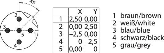 Grafik zeigt ein kreisförmiges Diagramm mit fünf nummerierten Punkten. Tabelle daneben ordnet jedem Punkt eine Farbe zu: 1 braun, 2 weiß, 3 blau, 4 schwarz, 5 grau.
