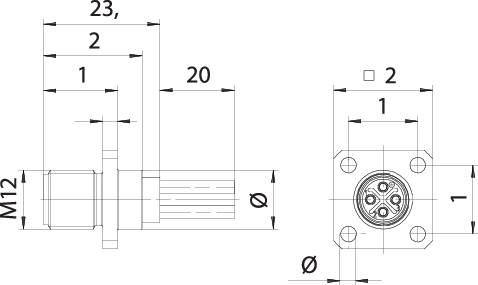 Technische Zeichnung eines Bauteils mit verschiedenen Abmessungen. Links eine Seitenansicht mit Gewinde, rechts Draufsicht mit vier Bohrungen.