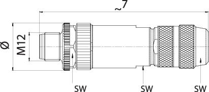 Zeichnung eines Steckers M12 mit Bemaßungen. Zeigt Detailansichten der Steckerkomponenten, mit Längenangaben in Millimetern.