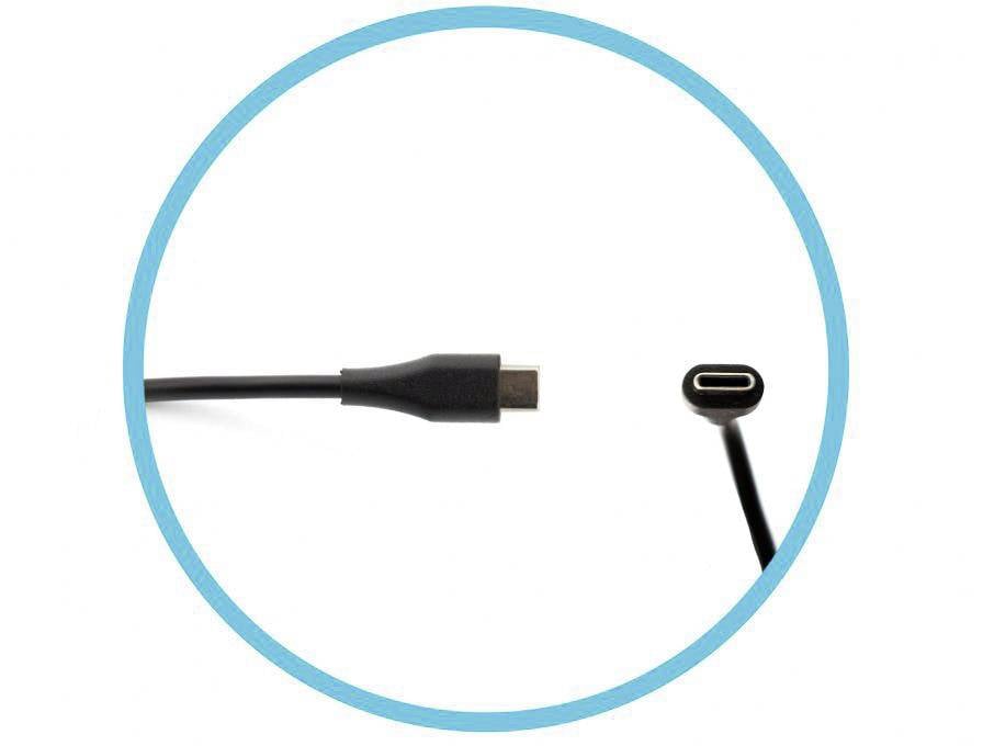Ein USB-C-Kabel mit einem schwarzen Stecker ist teilweise zu sehen, aufgenommen aus einer seitlichen Perspektive in einem blauen Kreis.