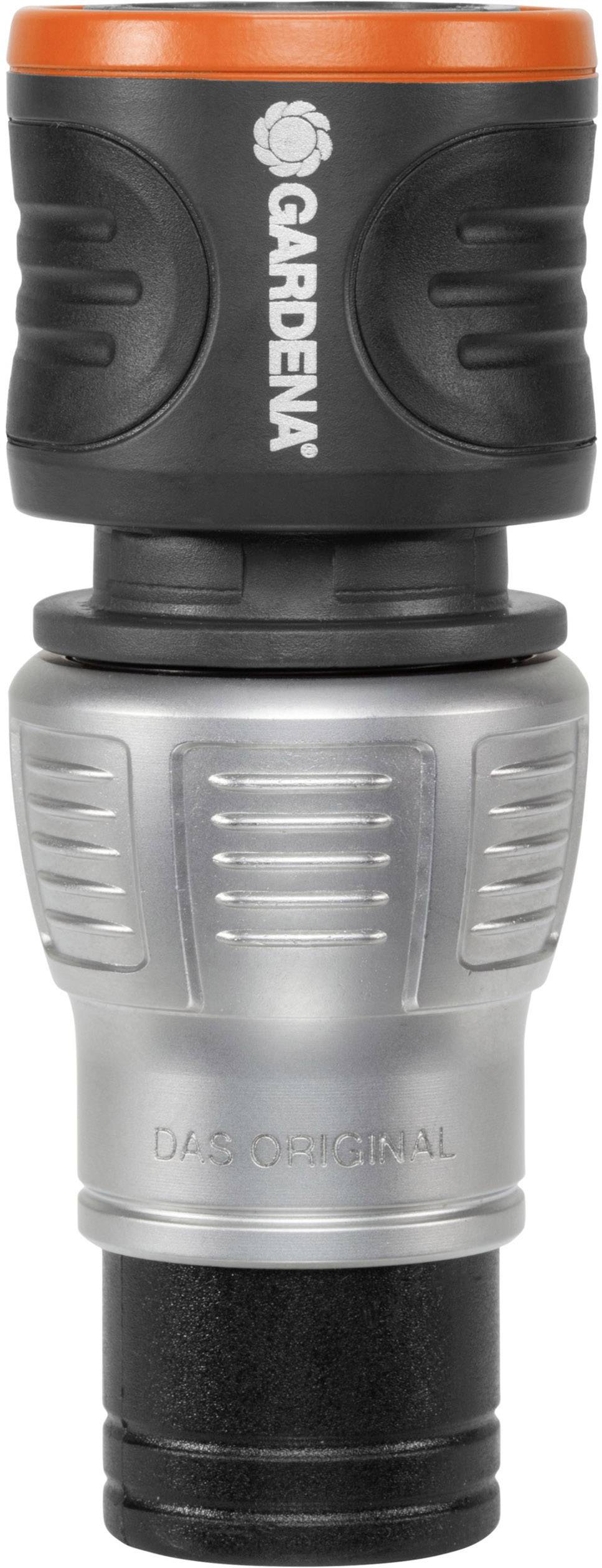 Gartenwerkzeug-Stecksystem von Gardena, bestehend aus schwarzem, orangenem und silbernem Kunststoff, zur Wasserversorgung.