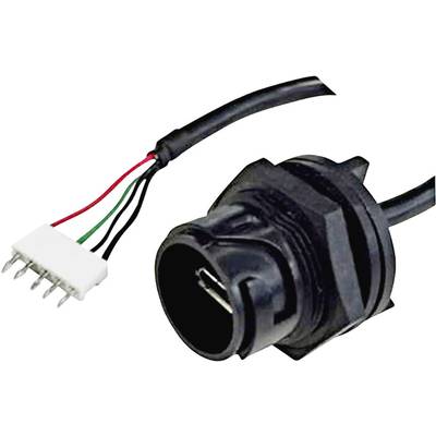 Schwarzer Zylinderanschluss mit Kabeln, endet in weißem Stecker mit fünf Metallpins. Verwendet in elektronischen Geräten für Verbindungen.