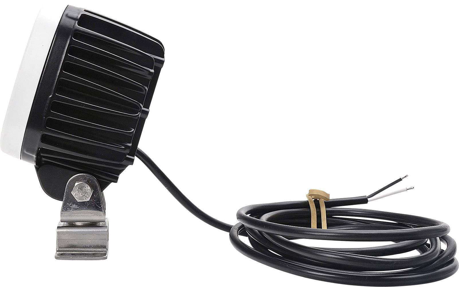 Eine schwarze LED-Leuchte mit Kabel und Montagehalterung, seitlich abgebildet.