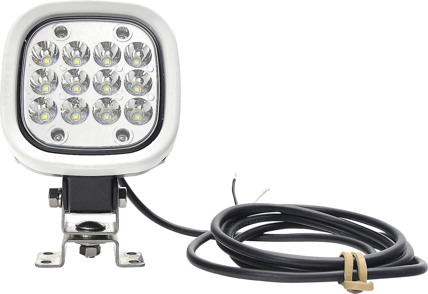 LED-Arbeitsleuchte mit zwölf LEDs, montiert auf einem stabilen Halter, mit einem angeschlossenen Kabel zur Stromversorgung.