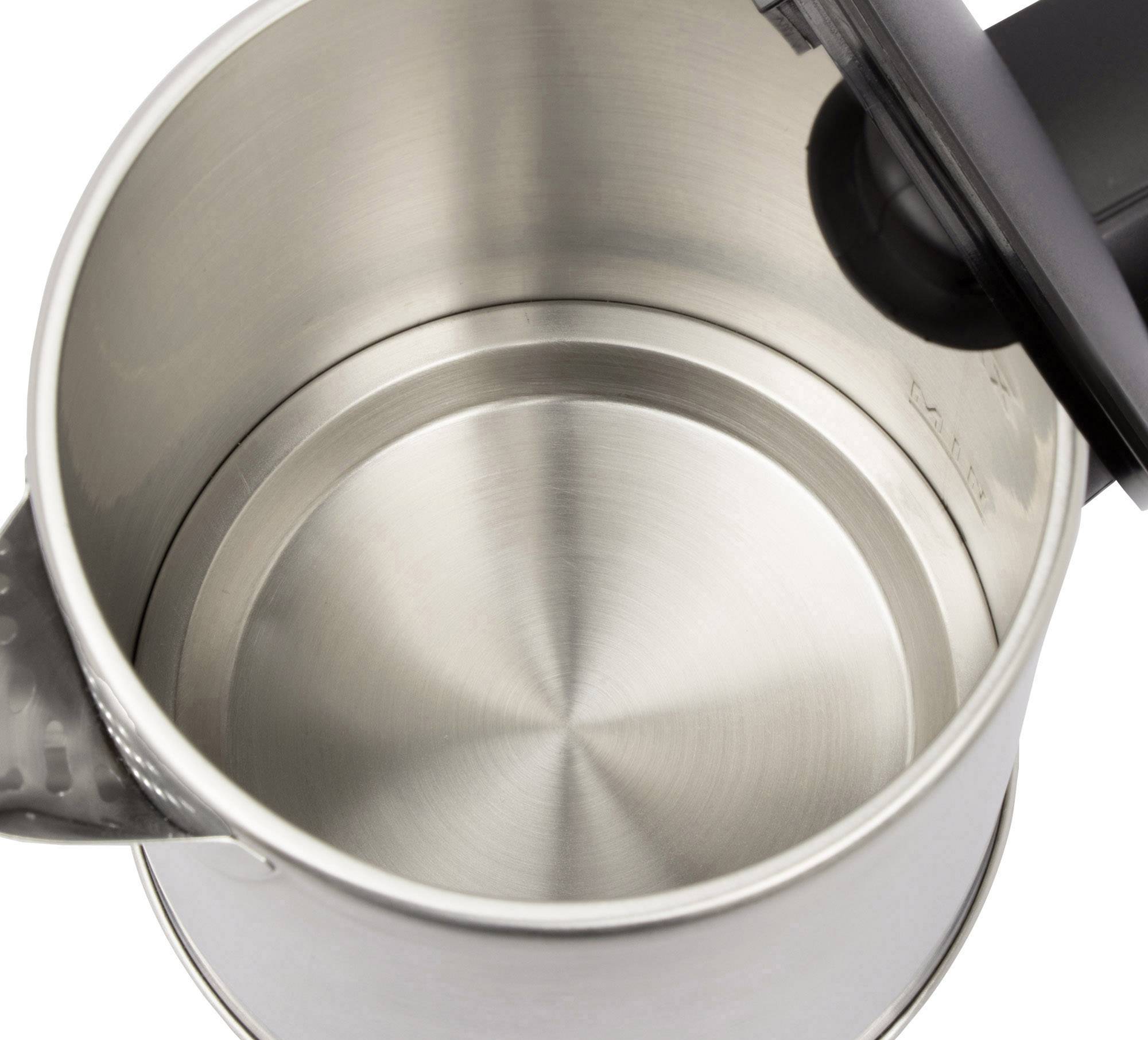 Ein offener, leerer Edelstahleimer von oben gesehen, mit einem Griff auf der linken Seite und einem Deckel auf der rechten Seite.