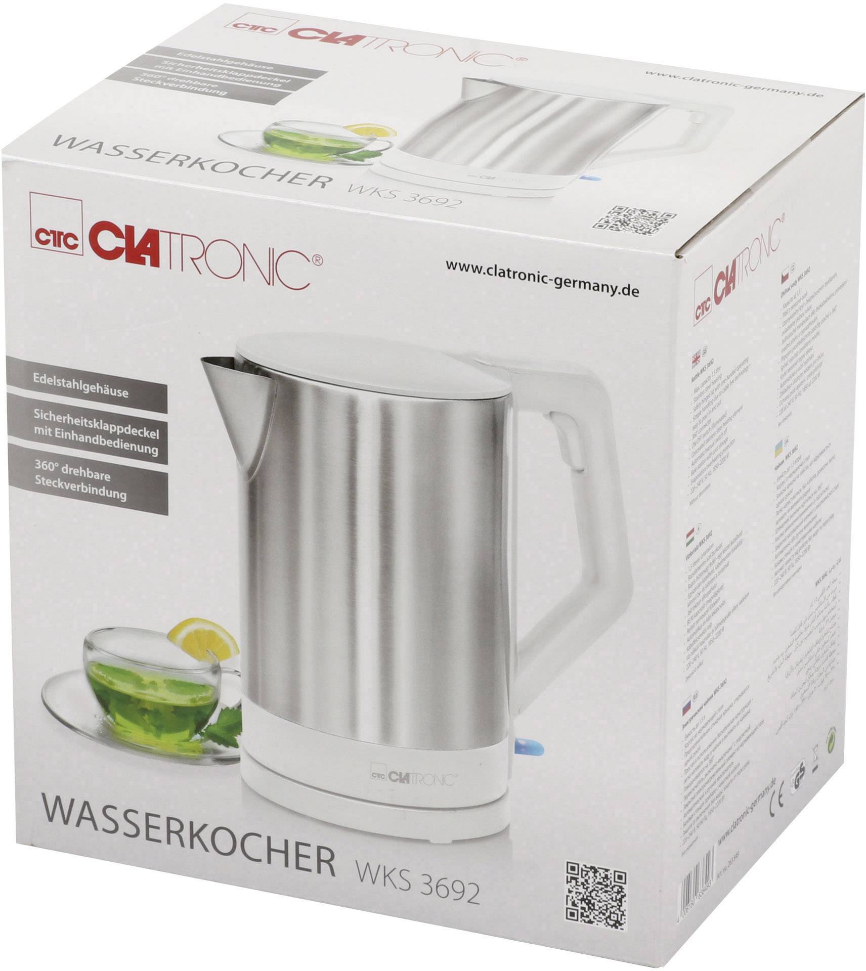 Eine silberne Edelstahl-Wasserkocherverpackung von Clatronic. Zeigt das Produkt, 'Wasserkocher WKS 3692', eine Tasse und Sicherheitsmerkmale.