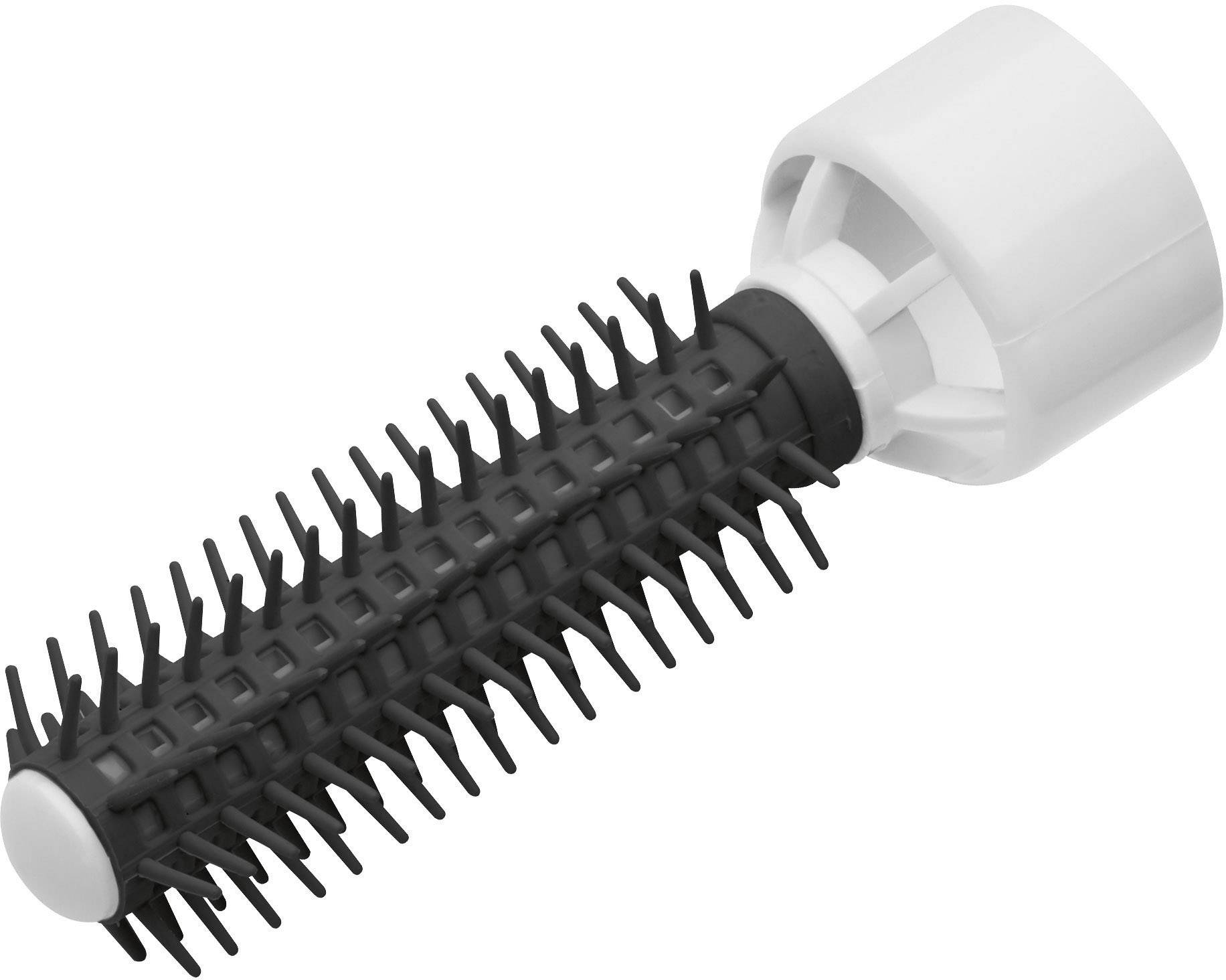 Eine schwarze Rundbürste mit weißen Spitzen und einem weißen Griff, oft verwendet zum Stylen von Haaren durch Formen von Wellen oder Volumen.