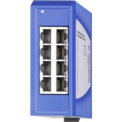 'Blauer industrieller Ethernet-Switch mit acht RJ45-Ports für Netzwerkverbindungen, Modell Hirschmann SPIDER 8TX.'