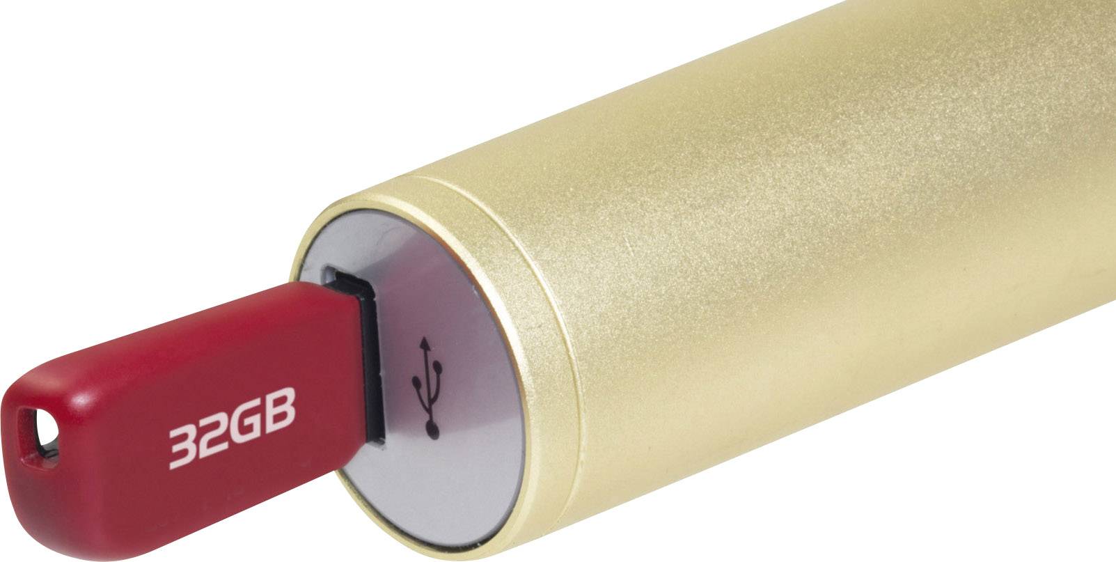 Goldener zylindrischer Powerbank mit eingebautem roten 32GB USB-Stick.