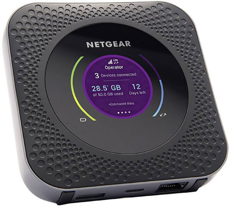 Netgear mobiler WLAN-Router mit digitalem Display zeigt verbundene Geräte, Datenverbrauch von 28,5 GB von 50 GB und 12 verbleibende Tage an.