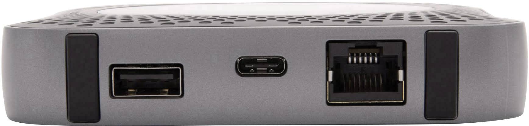 Ein kleiner grauer Router von hinten mit drei Anschlüssen: ein USB-Port, ein USB-C-Port und ein Ethernet-Port für Netzwerkkabel.