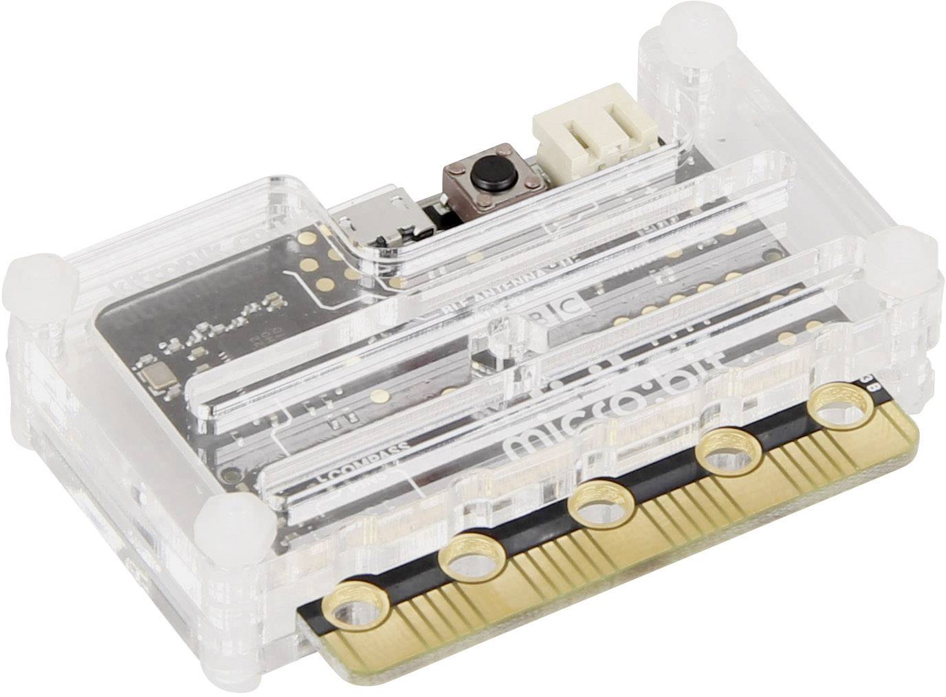 Ein transparenter Gehäuse enthält eine Mikrocontroller-Platine mit Metallkontakten und elektronischen Bauteilen.