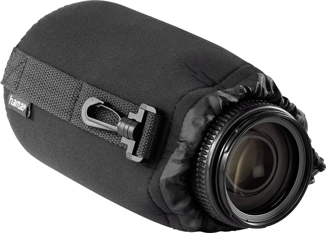 Eine schwarze gepolsterte Objektivtasche mit einem Sicherungsgurt und Kordelzug, geeignet zum Schutz von Kameraobjektiven.