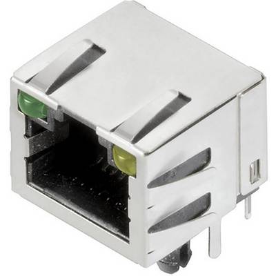 Ein silberner RJ45-Netzwerkanschluss mit zwei LED-Anzeigen, eine grün und eine gelb, die den Betriebsstatus anzeigen.
