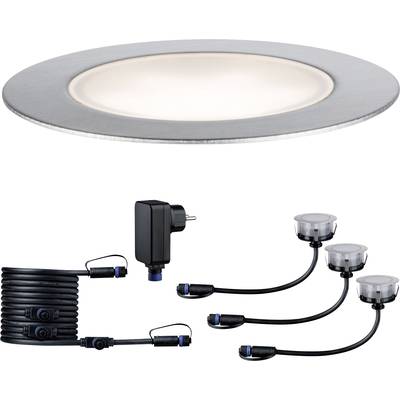 Ein rundes LED-Einbauleuchten-Set mit drei Lichtern, einem Stromadapter und Kabeln, geeignet für Innenraumbeleuchtung.