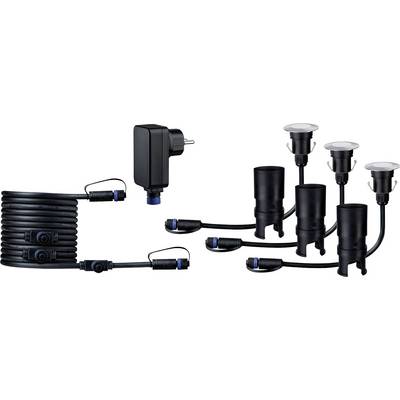 Set von schwarzen LED-Leuchten mit Verbindungskabeln und Netzadapter, geeignet für den Außenbereich.