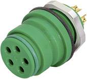 Grüner, runder Steckverbinder mit sechs Steckplätzen und vier goldenen Pins, verwendet für elektronische Verbindungen.