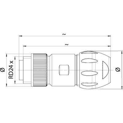 Technische Zeichnung eines zylindrischen Bauteils mit Maßen und Markierungen. Zeigt eine Seitenansicht mit Detailkennzeichnungen.