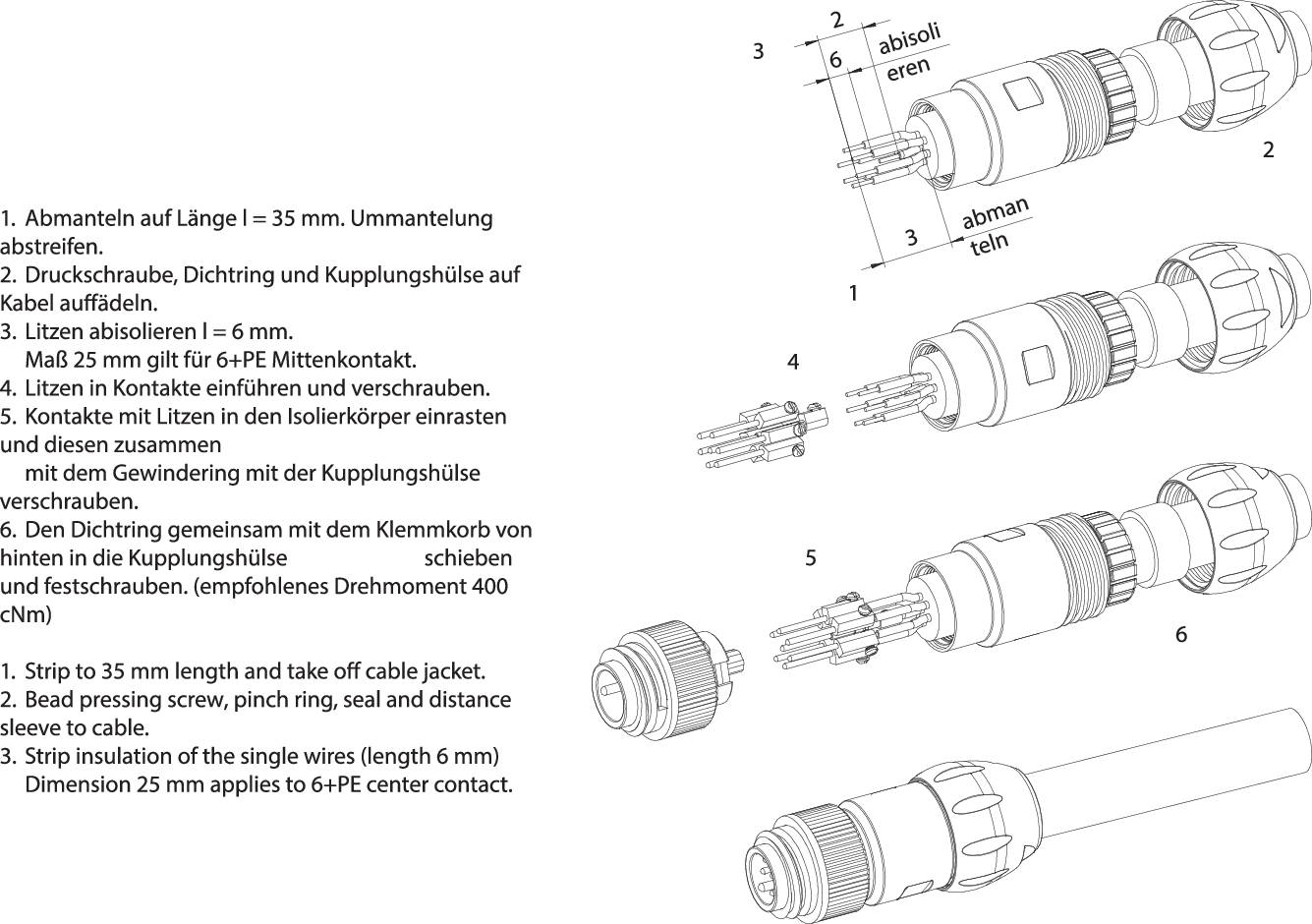'Technische Zeichnung einer Kabelverbindung. Detailansicht von Kabelsteckern und deren Komponenten in Explosionsdarstellung.'