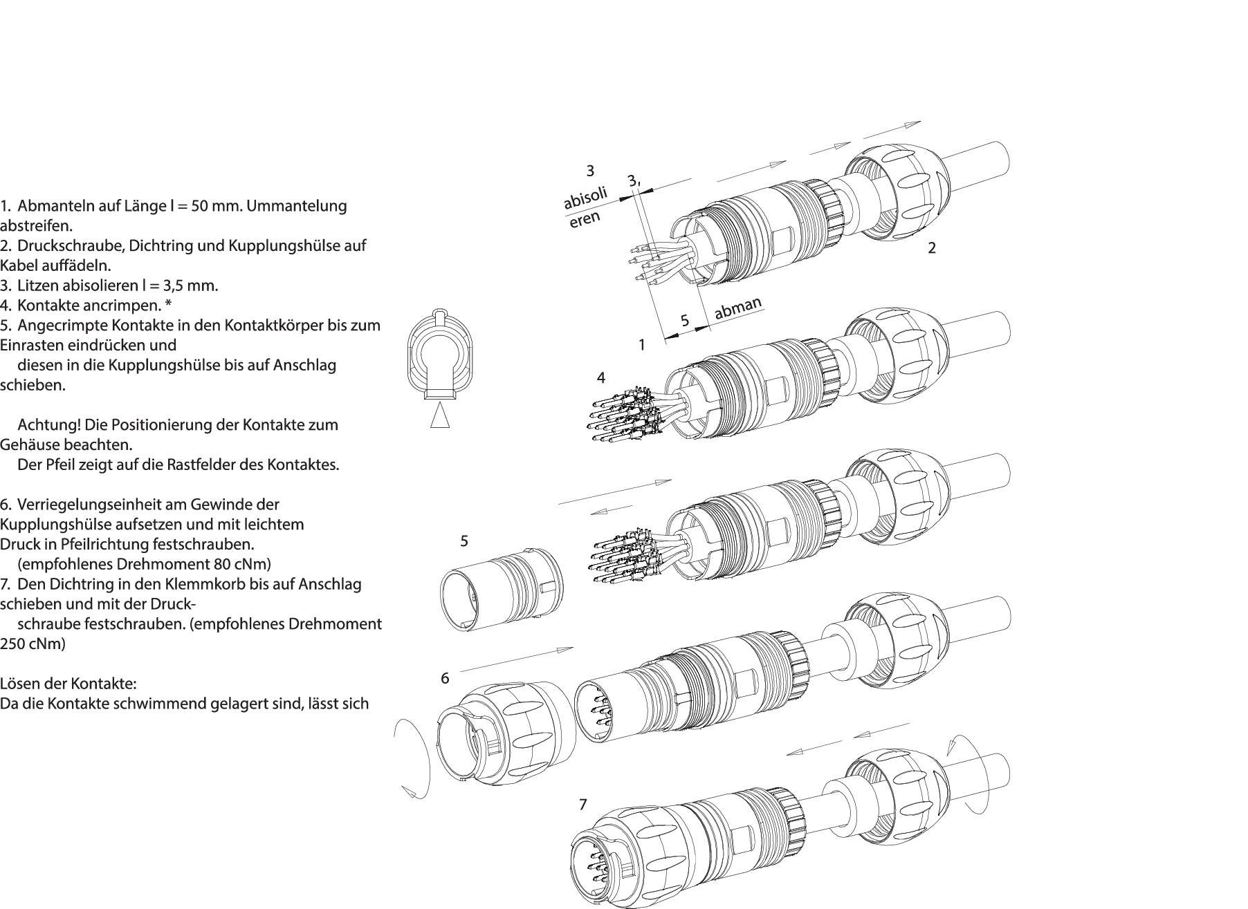 Montageanleitung für elektrische Steckverbinder. Zeigt sieben Schritte von Abisolierung bis Fertigstellung der Verbindung. Zeichnungen und Beschriftungen erläutern die Teile und Schritte.