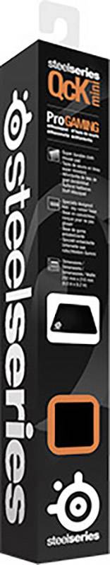 Verpackung einer 'Steelseries QcK mini Pro Gaming' Mausmatte mit schwarzem Hintergrund und orangefarbenem Logo, rechteckige Form.