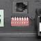 Schnittstelle eines elektronischen Geräts mit Ethernet-Anschluss, Schalter für 'ON' und 'OFF', und einem roten DIP-Schalter mit Positionen 1 bis 7.