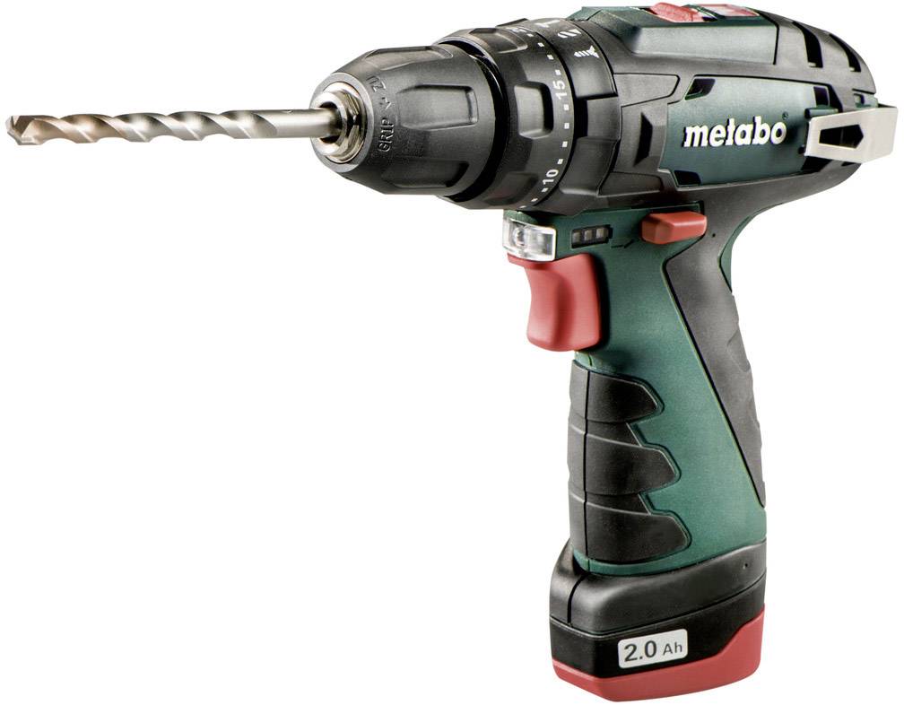 Akkubohrmaschine mit Bohrer, rot-grünes Design, Marke 'metabo', für Heimwerkerprojekte.