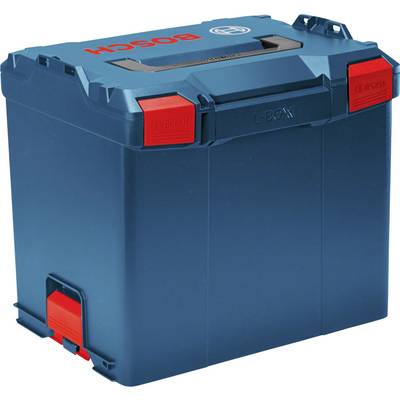 Blaue Werkzeugbox aus Kunststoff mit roten Verschlüssen, Marke Bosch. Geeignet zum Aufbewahren und Transportieren von Werkzeugen.