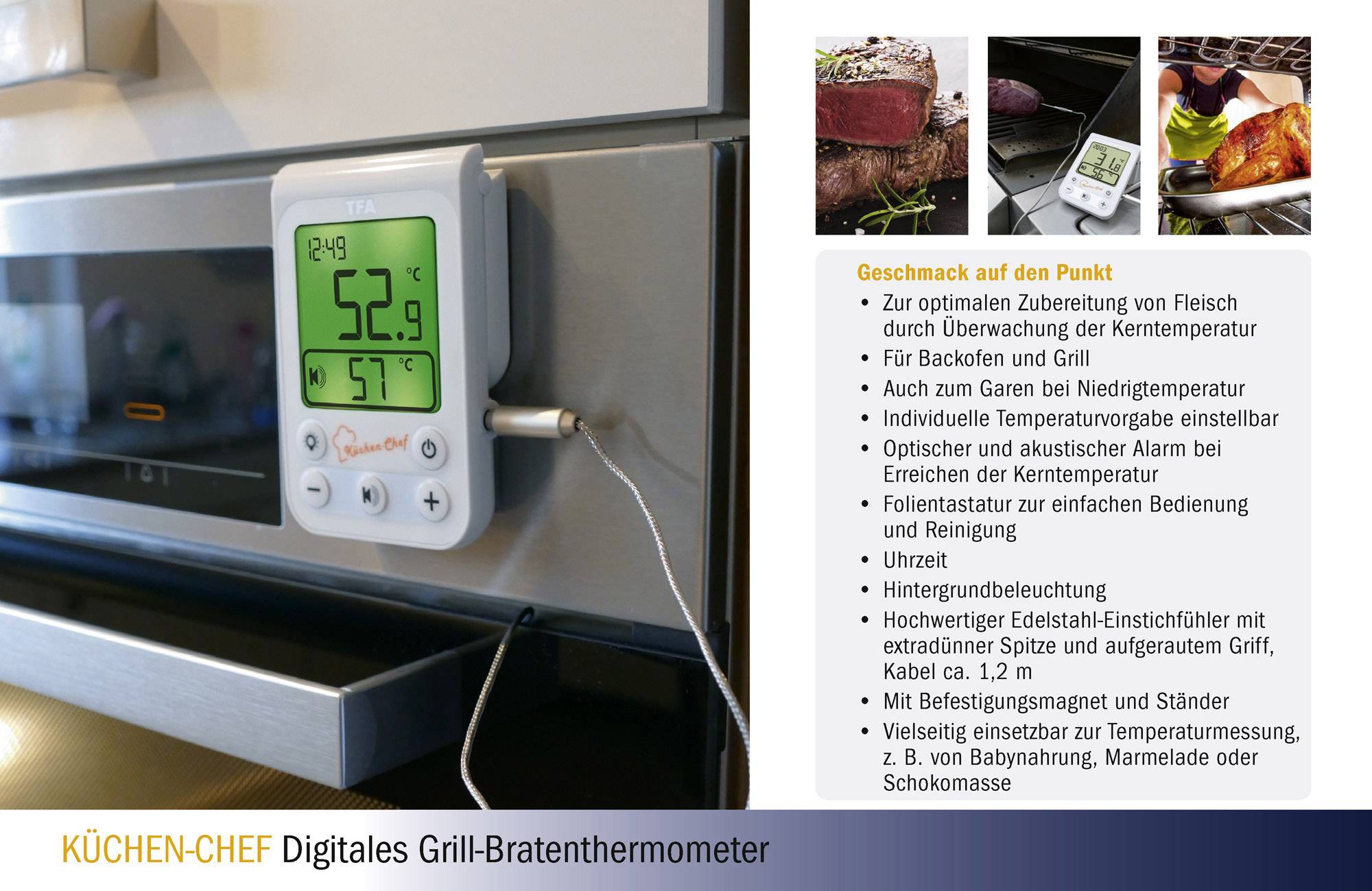 Ein digitales Grill-Bratenthermometer auf einem Ofen, zeigt 52,9°C. Daneben eine Liste mit Funktionen des Geräts. Rechts oben Fleisch im Ofen.
