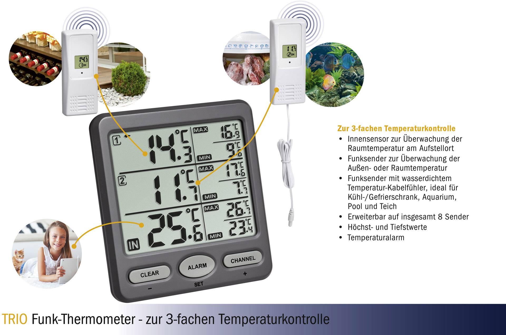 Funk-Thermometer 'TRIO' zur 3-fachen Temperaturkontrolle zeigt Innen- und Außentemperatur. Ideal für Kühlschränke und Aquarien.