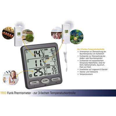 Funk-Thermometer 'TRIO' zur 3-fachen Temperaturkontrolle zeigt Innen- und Außentemperatur. Ideal für Kühlschränke und Aquarien.