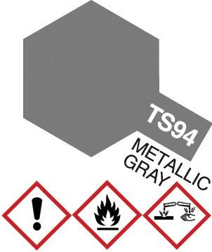 Graues Farbmuster 'TS94 Metallic Gray' mit drei Sicherheitssymbolen: Achtung, Entflammbarkeit, ätzende Substanz.